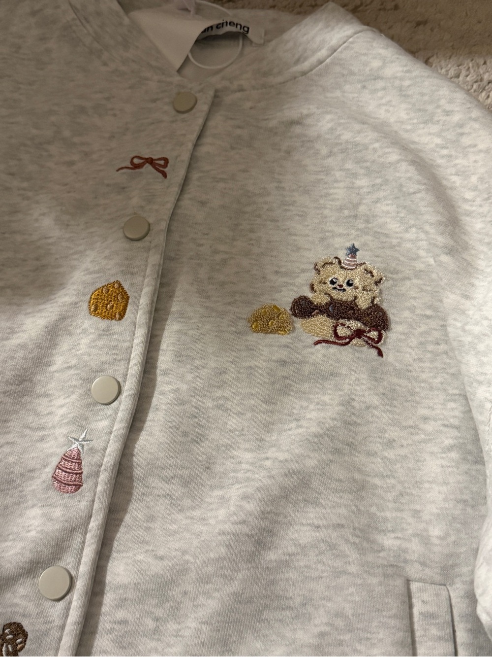 Cute Gray Embroidered Bear Snap-Front Top